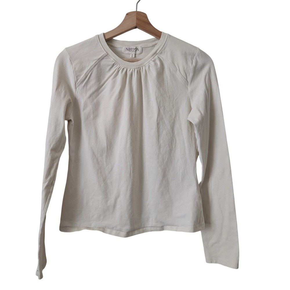 Nation LTD Off White Pima Cotton Shirred Crew Neck Long Sleeve‎ Top Size M